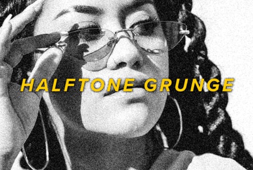 Halftone grunge effect overlay with yellow text on black-and-white photo