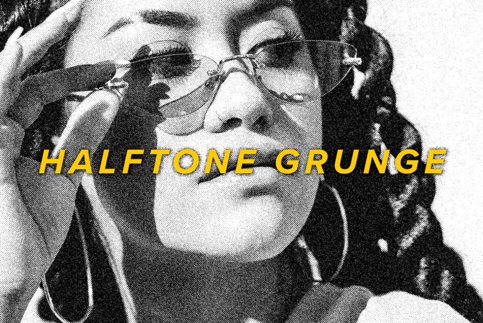 Halftone grunge effect overlay with yellow text on black-and-white photo