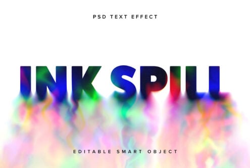 INK SPILL text with rainbow liquid effect underneath on white