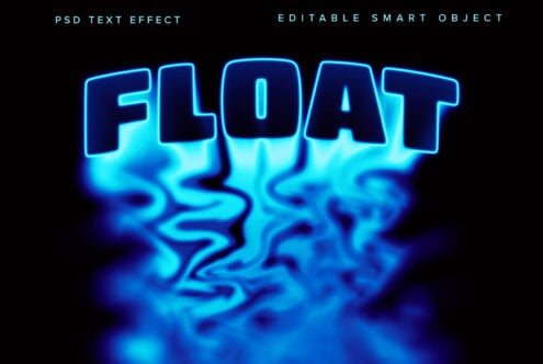 FLOAT text in blue neon with liquid wave distortion, PSD smart object