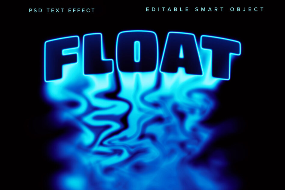 FLOAT text in blue neon with liquid wave distortion, PSD smart object