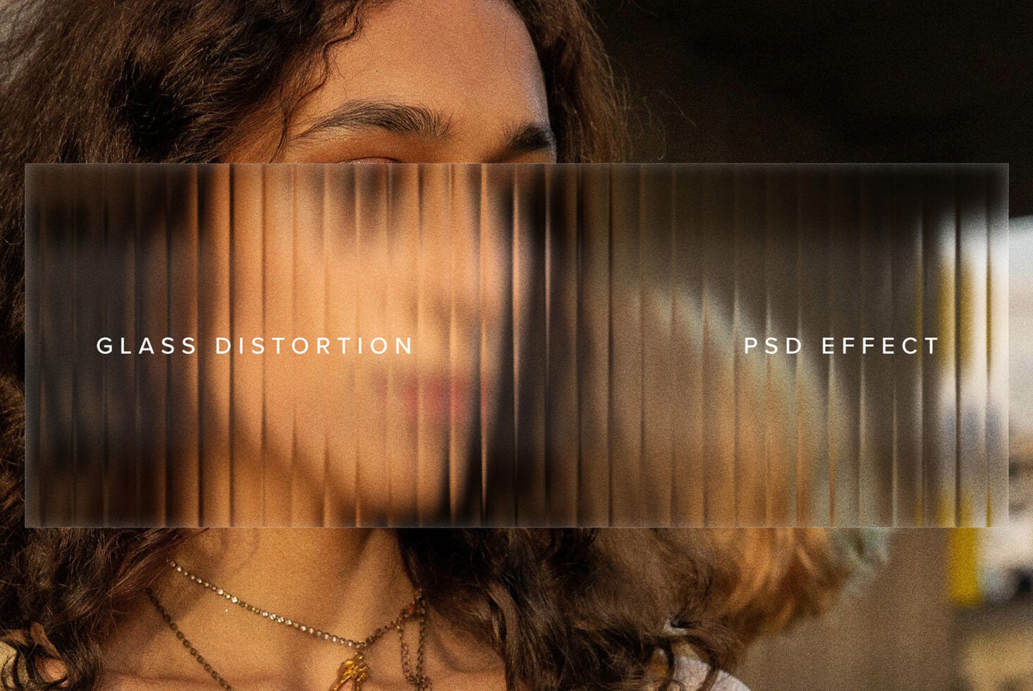 Woman's face partially covered by vertical glass distortion texture overlay bars