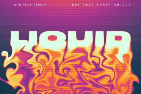 Liquid glitch effect text with wavy shape on purple scanline gradient