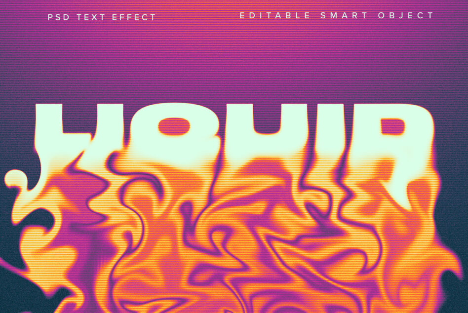 Liquid glitch effect text with wavy shape on purple scanline gradient