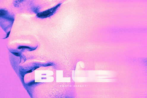 Hot pink portrait with blue noise grain overlay, bleached color treatment on face