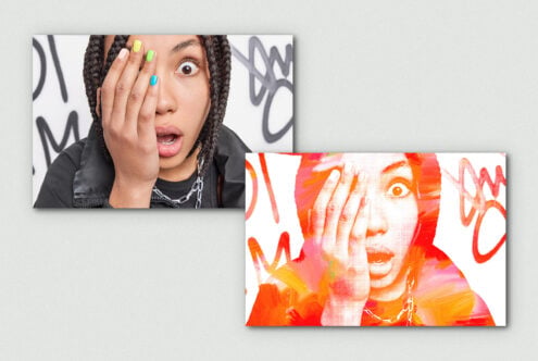 Two portrait versions side by side, one natural with rainbow nails, one with vibrant pop art treatment