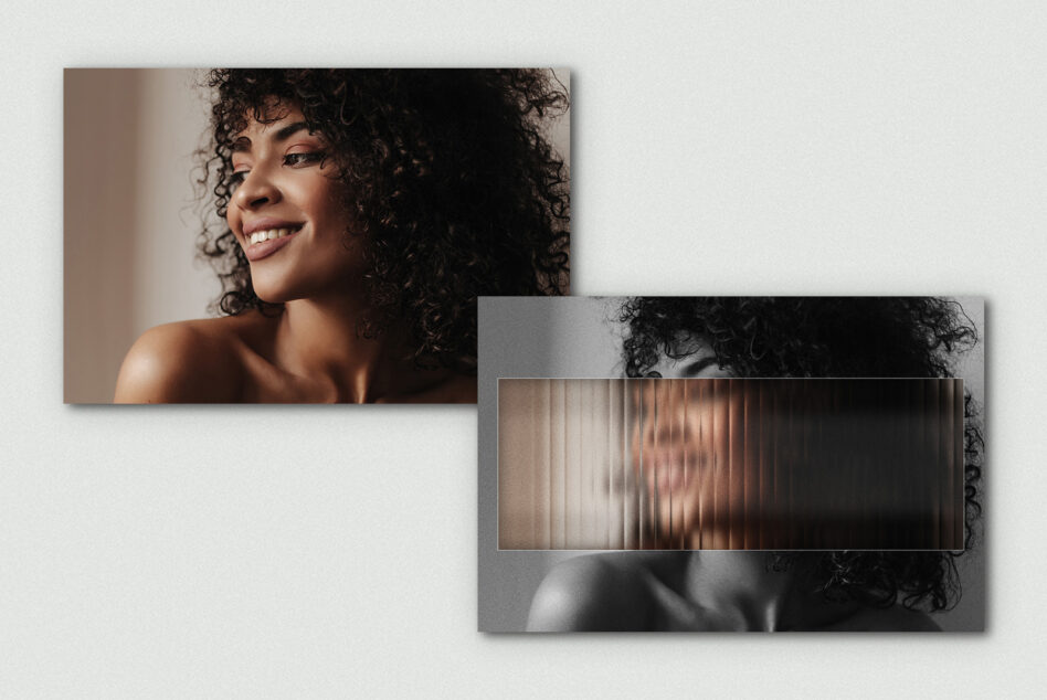 Portrait with vertical line distortion effect blending two versions of smiling woman