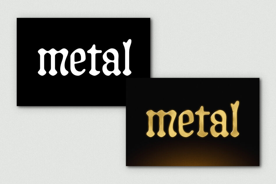 White metal text on black box, gold foil version on second black box