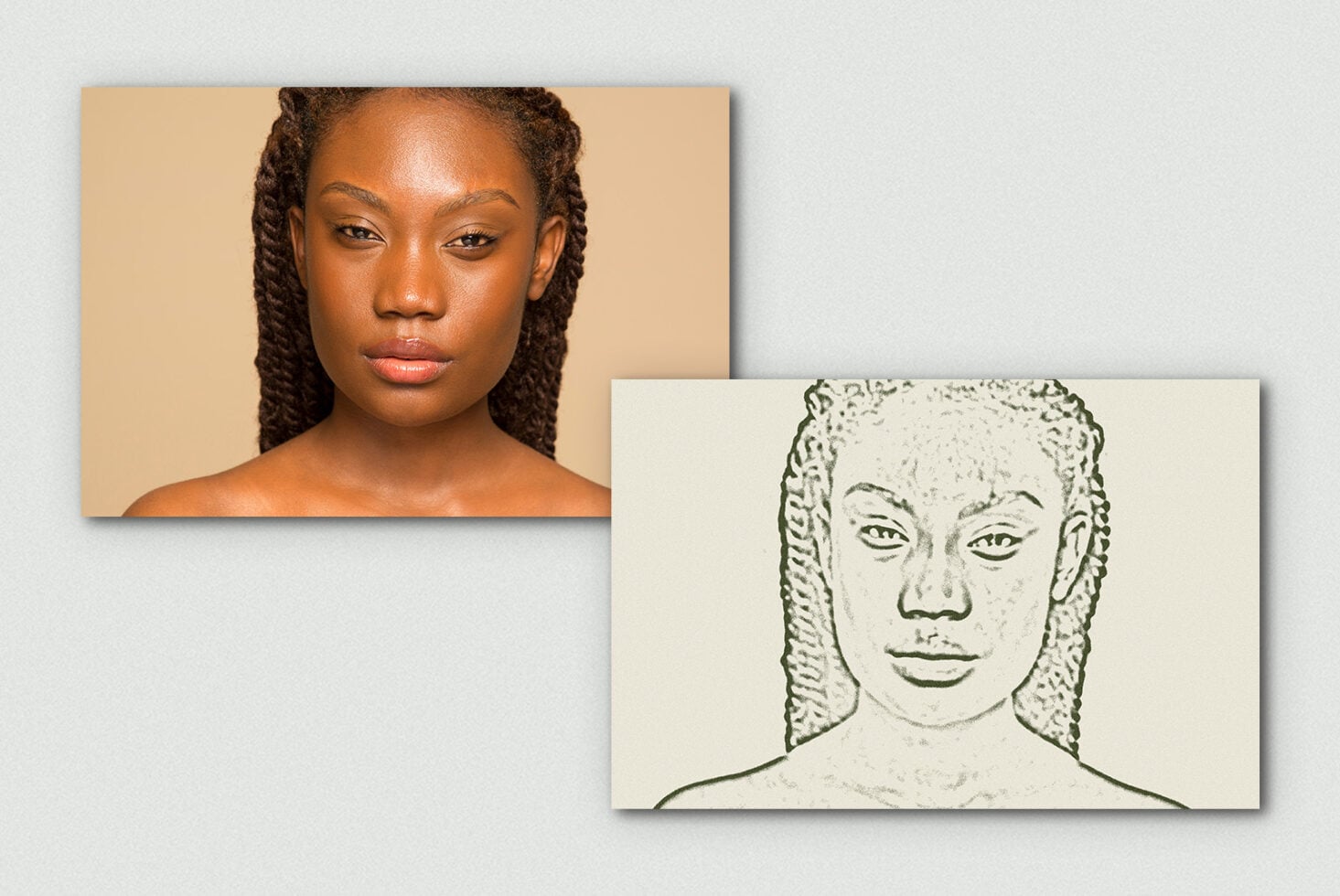 Side by side portrait mockup showing photo to sketch line art conversion