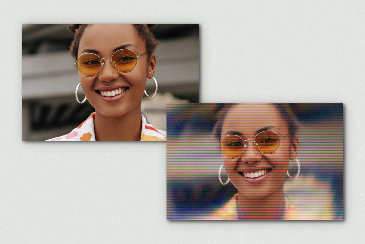 Before after showing woman with yellow sunglasses, original photo plus glitchy version