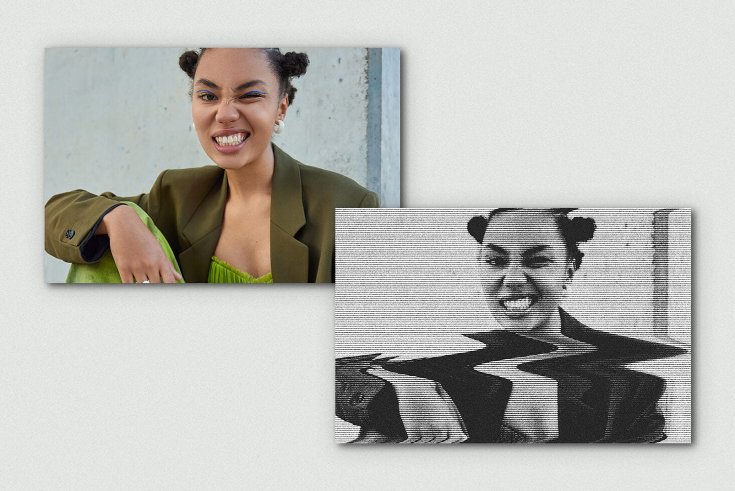 Split-screen showing clean portrait next to scanline glitch version of same image