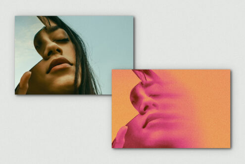 Dual photo mockup with natural portrait beside vibrant halftone effect version
