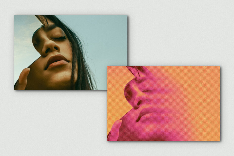 Dual photo mockup with natural portrait beside vibrant halftone effect version