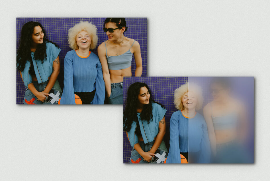 Three people laughing against blue tile wall with blur effect on right image