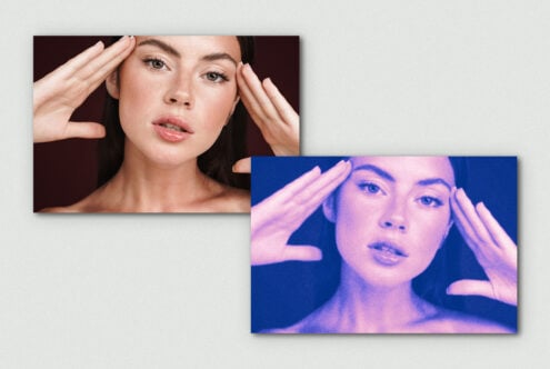 Before after beauty shot with neon pink blue lighting treatment