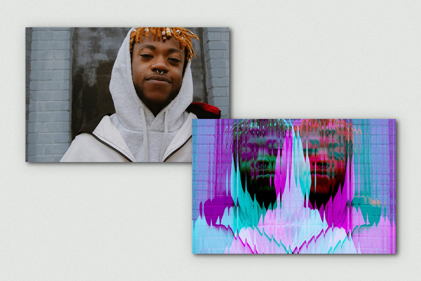 Split screen with portrait on left, right side shows psychedelic glitch distortion