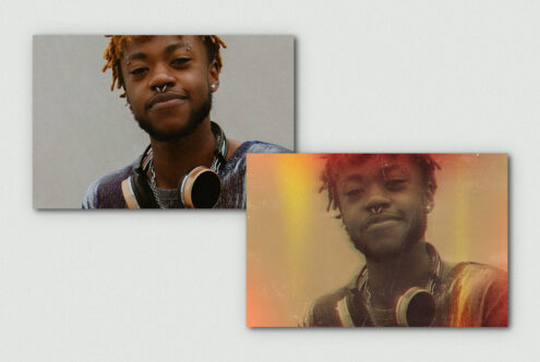 Overlapping portrait layouts showing original shot plus warm vintage filter