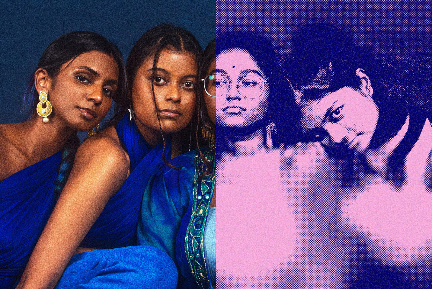 Split screen original photo left, halftone duotone right with pixelated blue pink effect