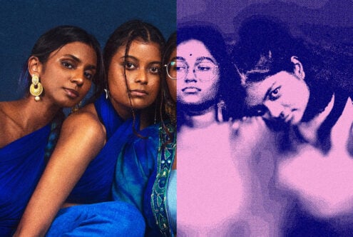 Split screen original photo left, halftone duotone right with pixelated blue pink effect