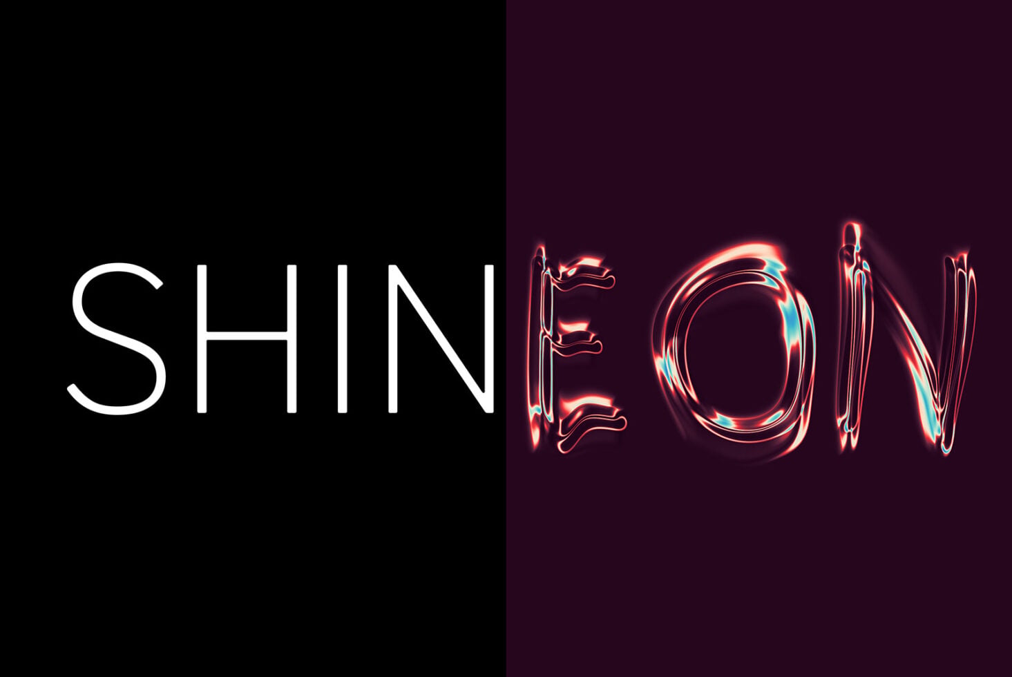 Shinelow text split with white letters on left, holographic chrome right side