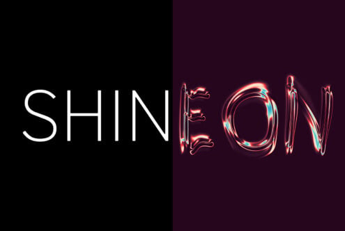 Shinelow text split with white letters on left, holographic chrome right side
