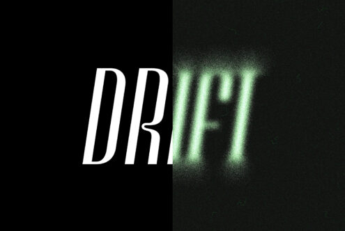 Split screen with white italic DR on left, glowing green IT text right side