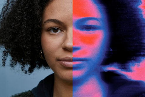 Woman's profile half real half neon pink blue glitch effect overlay
