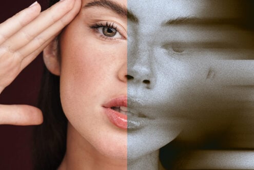 Split portrait showing real skin tone versus grayscale pixelated effect