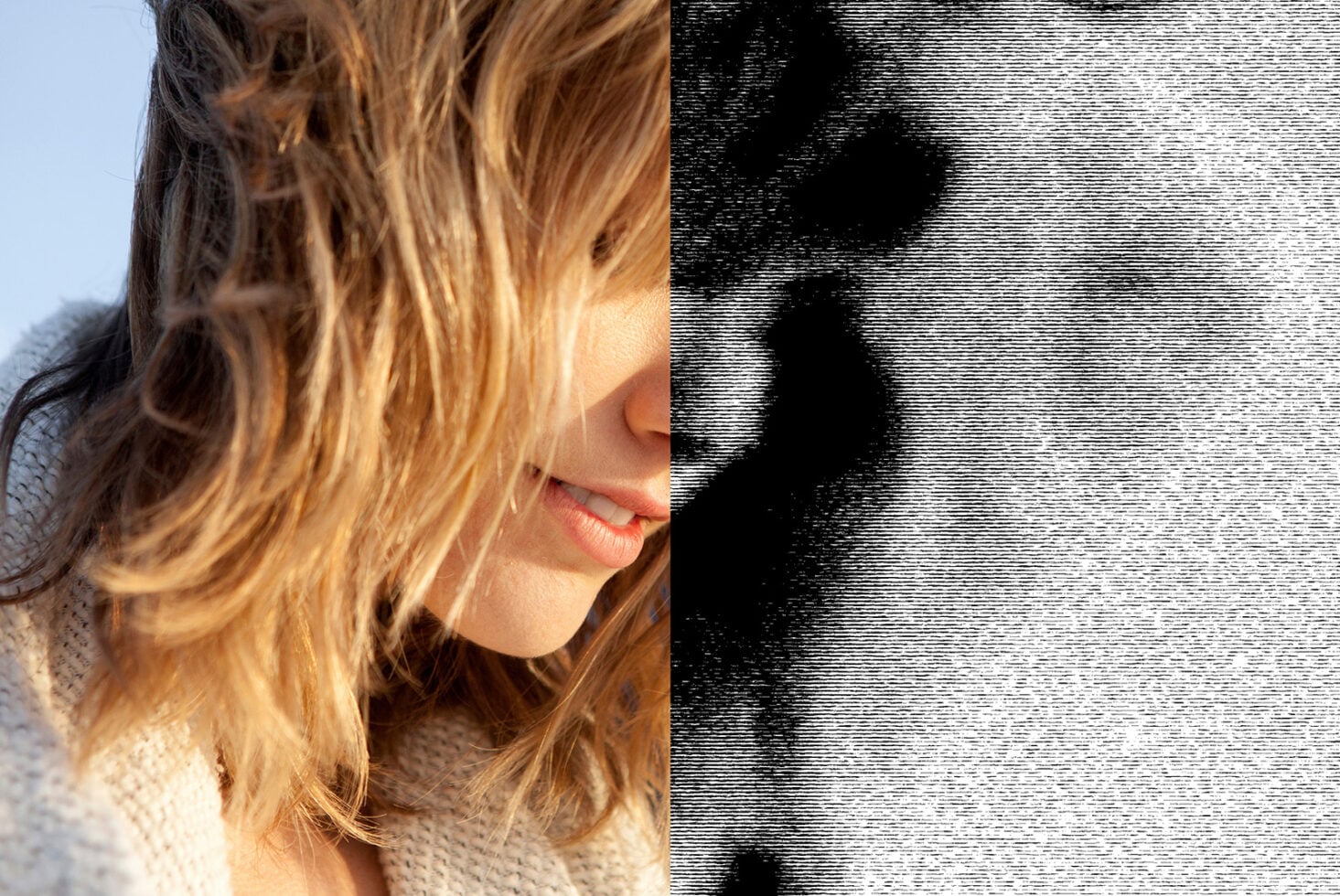 Before after split showing golden hair photo with pixelated glitch effect