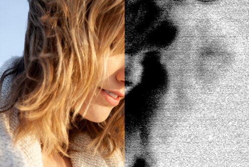 Before after split showing golden hair photo with pixelated glitch effect