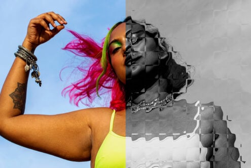 Bold split portrait showing vibrant color side with neon hair against grayscale glitch