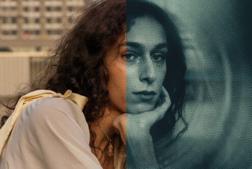 Split photo showing woman's profile next to pixelated halftone version