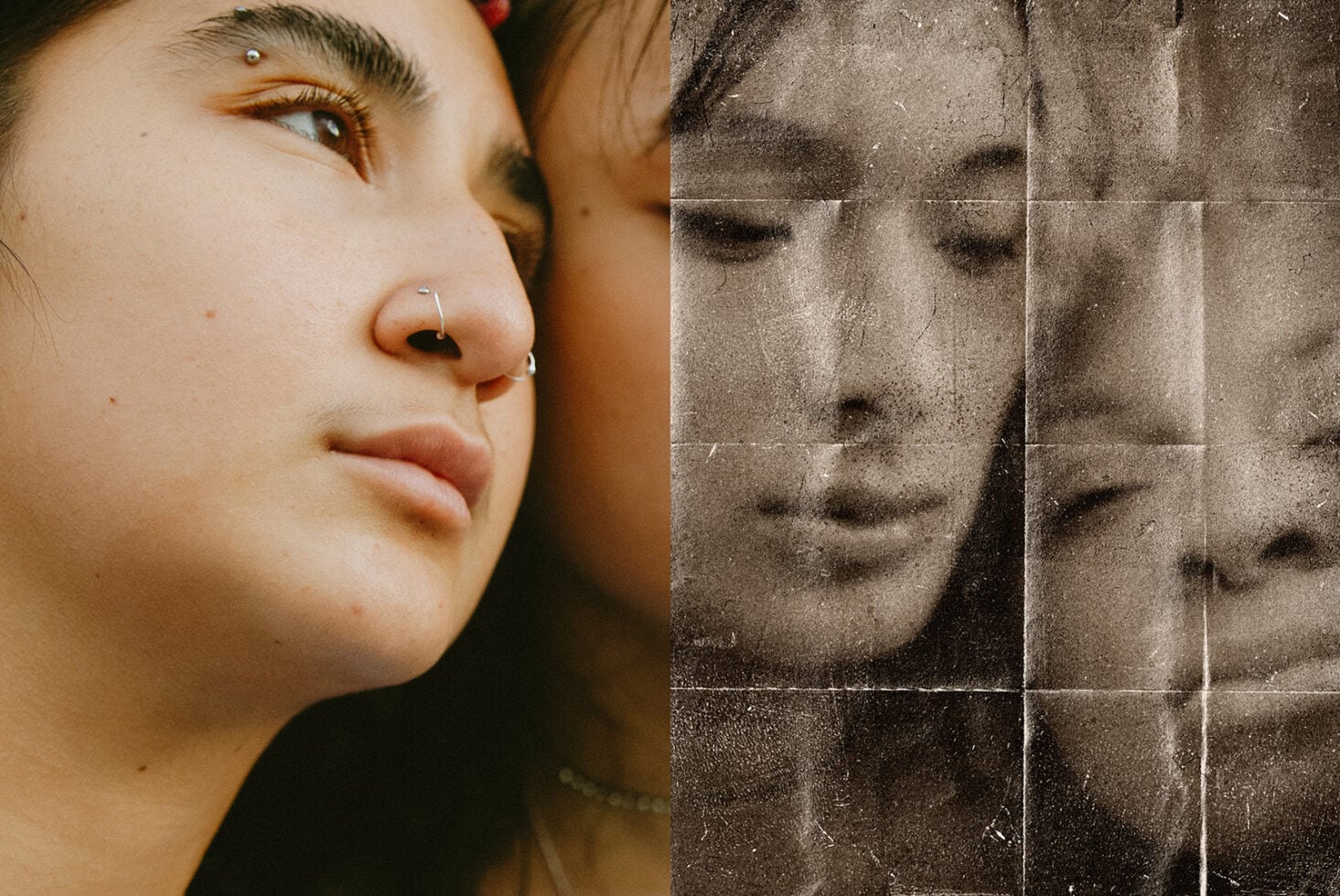 Fresh portrait next to weathered grid version showing same composition split