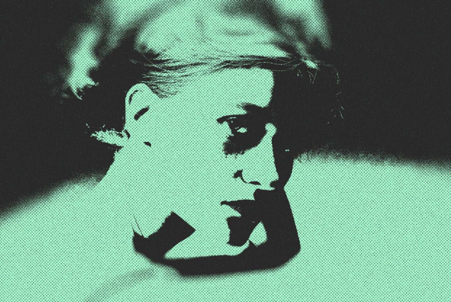 Mint green halftone portrait of person in profile with closed eyes