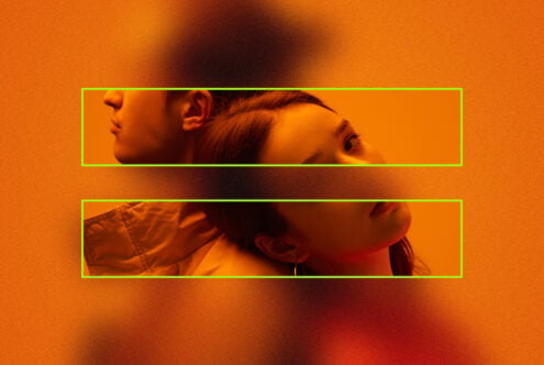 Two people's faces blended with orange gradient background mockup layout