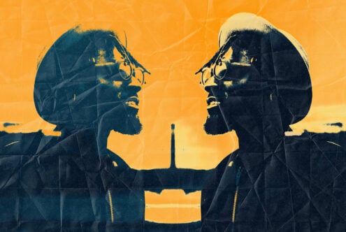 Mirrored profile portraits in yellow blue with scratched vintage film effect