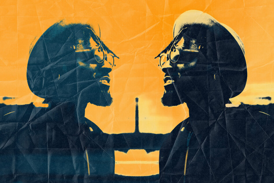 Mirrored profile portraits in yellow blue with scratched vintage film effect