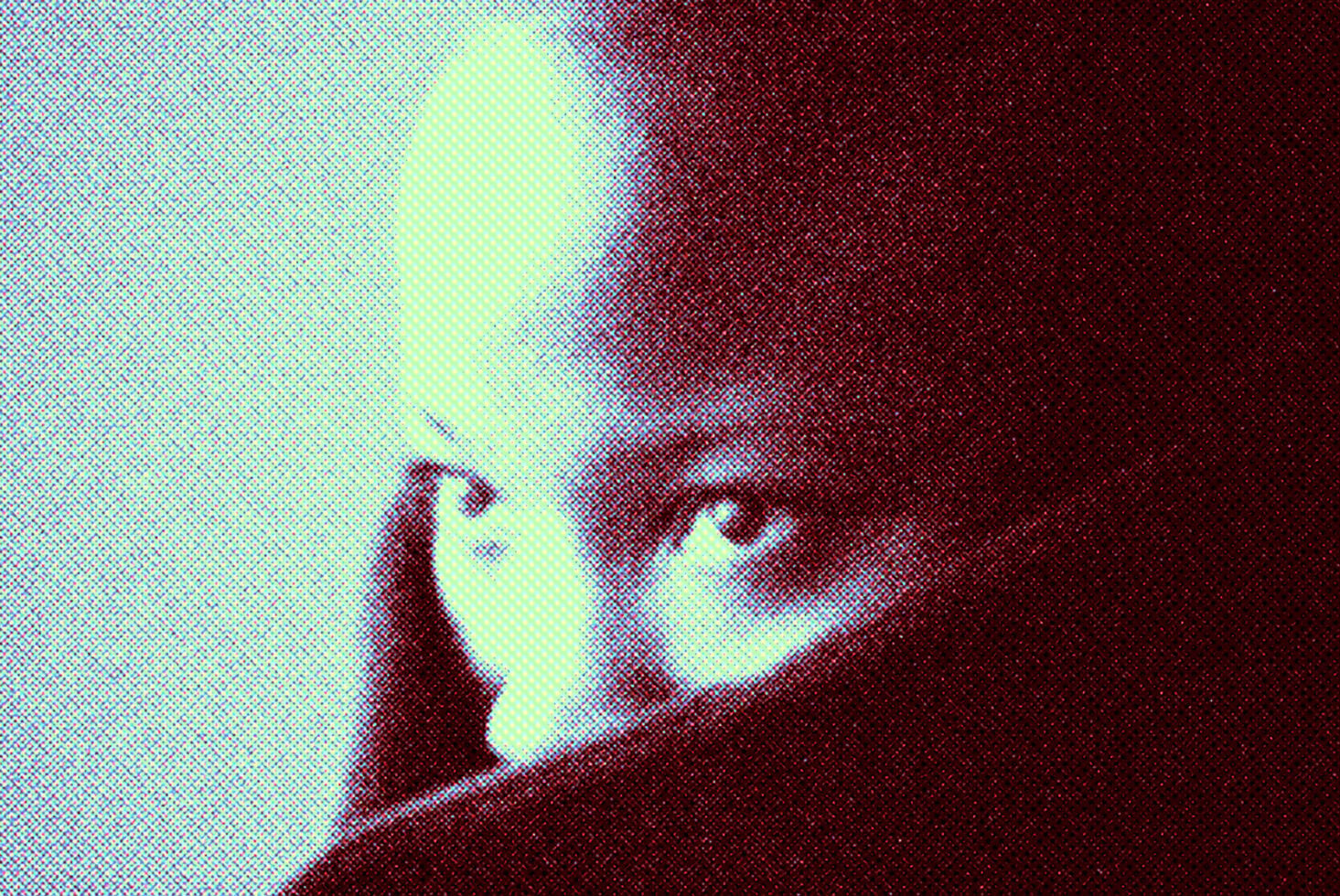 Close-up side profile face with cyan yellow magenta halftone separation