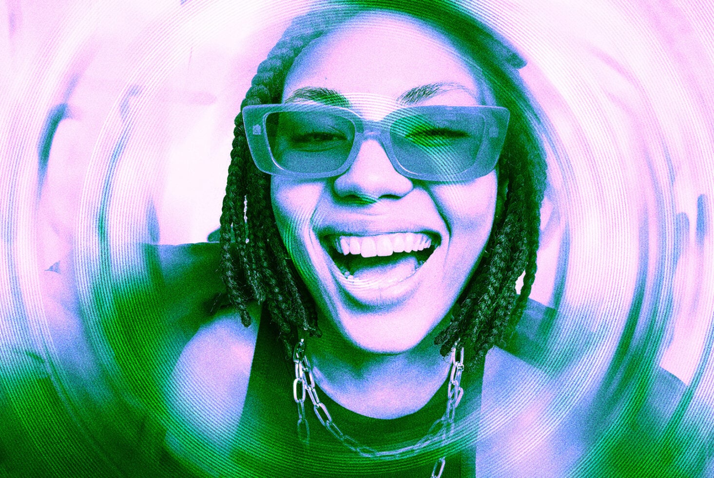 Person with braids wearing oversized sunglasses in neon pink cyan glitch effect