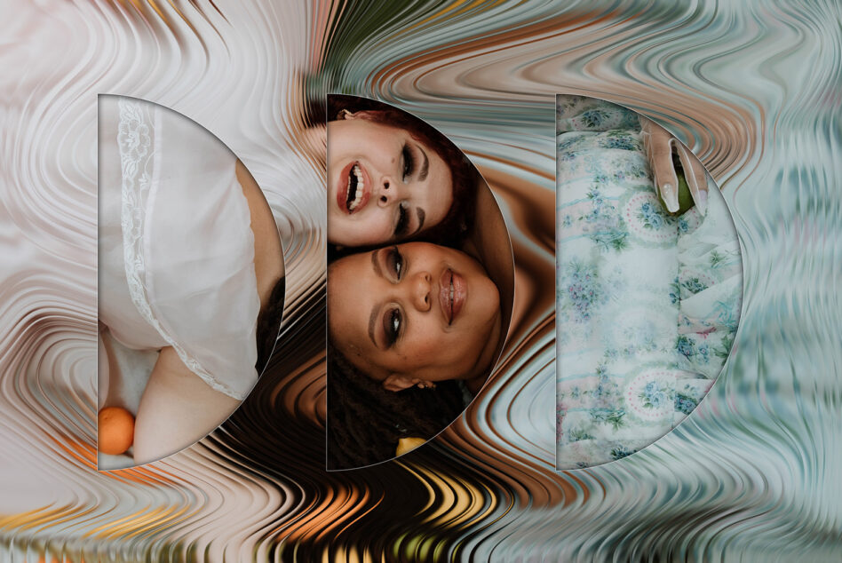 Three circular photo frames with liquid ripple effect showing people in bed