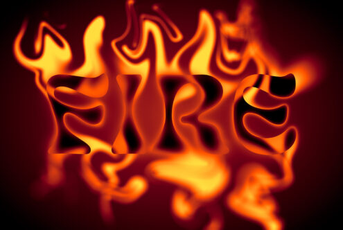 Fiery 3D letters with intense orange glow, wavy flame effect throughout