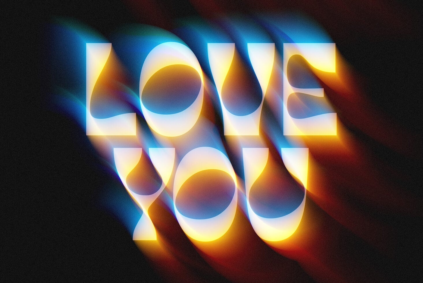 3D glowing text with yellow, blue light reflections on dark background