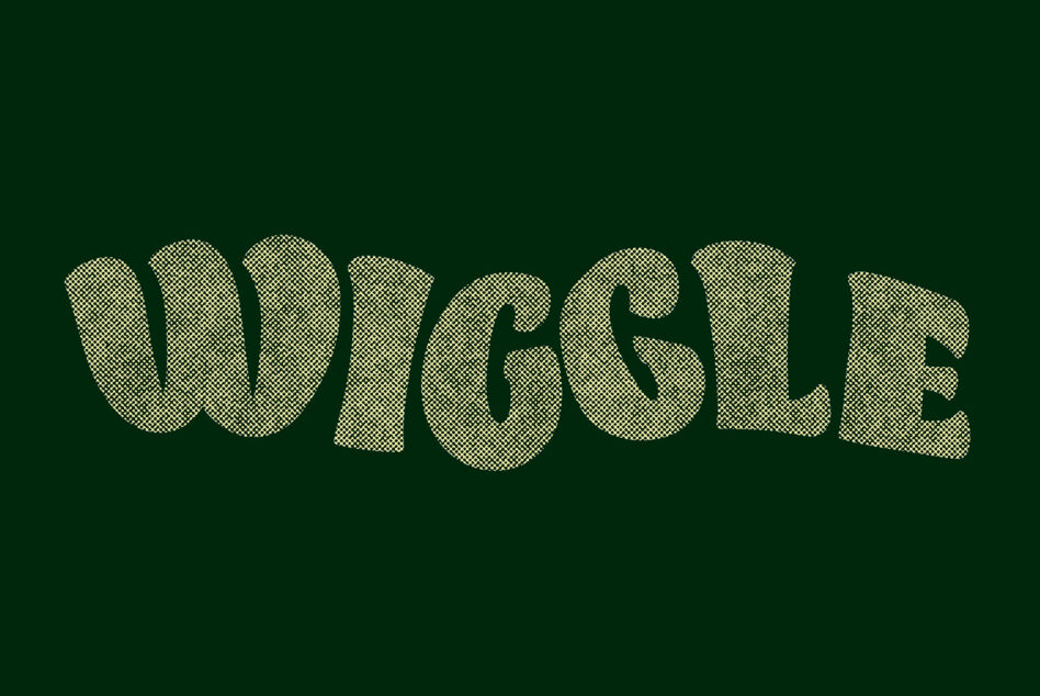 Crosshatch patterned yellow text reading WRIGGLE on green