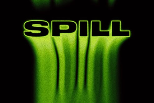 Neon lime text split four with vertical grainy light streaks effect