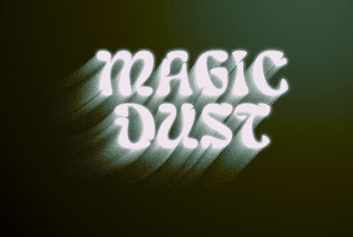 MAGIC DUST in pale pink text with diagonal shadow streaks on olive green gradient