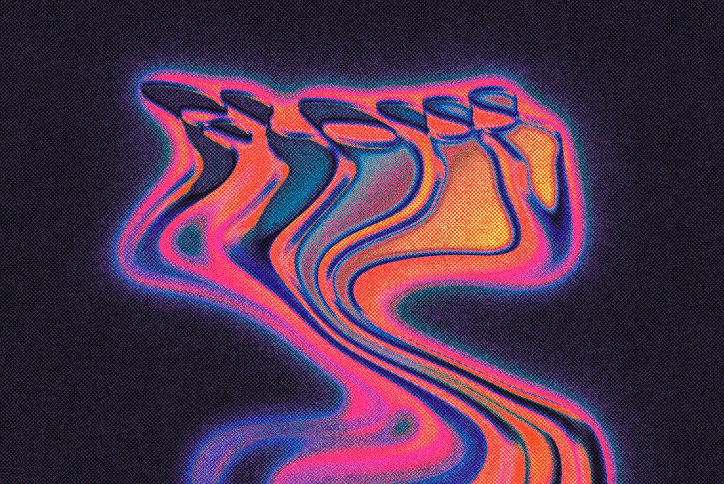 Flowing neon liquid form in magenta, orange, teal with cyan glow edges