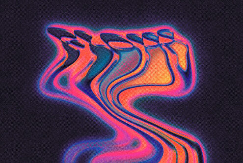 Flowing neon liquid form in magenta, orange, teal with cyan glow edges
