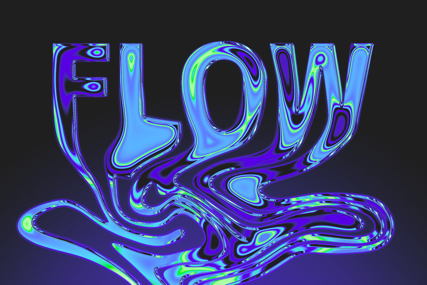 FLOW text with neon purple blue green liquid swirl effect on dark background