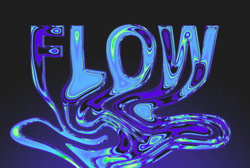 FLOW text with neon purple blue green liquid swirl effect on dark background