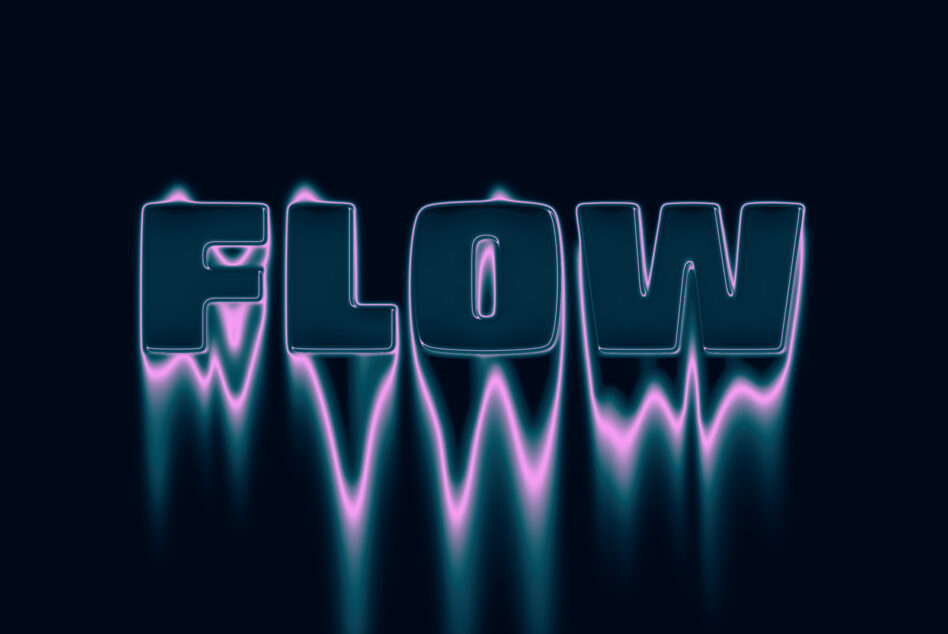 Flow text rendered in cyan neon with pink waveforms flowing beneath letters